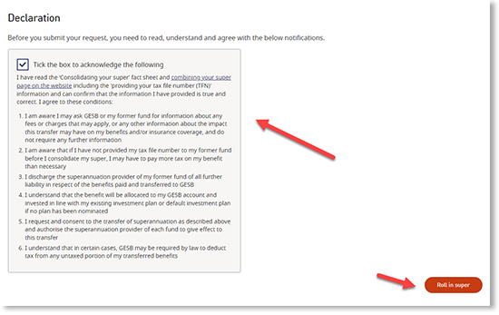 This screenshot shows a sample declaration, box which needs to be selected to agree and the ‘Roll in super’ button.