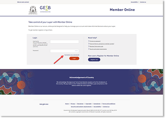 This image shows the Member Online homepage, highlighting the ‘Forgot password’ link under the ‘Need help?’ menu.