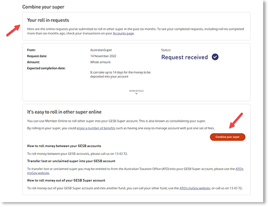 This screenshot shows the option to ‘Roll in other super’ along with the summary of any previous roll-ins requested.