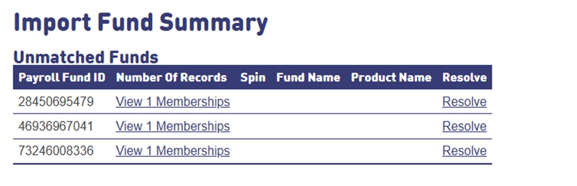 This image shows the &lsquo;import funds summary&rsquo; page which includes a table listing the details of unmatched funds. 