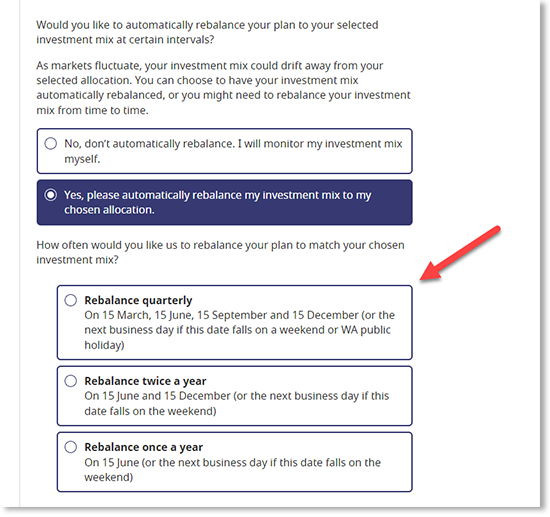 This screenshot shows the options to automatically rebalance or rebalance your investment mix yourself.