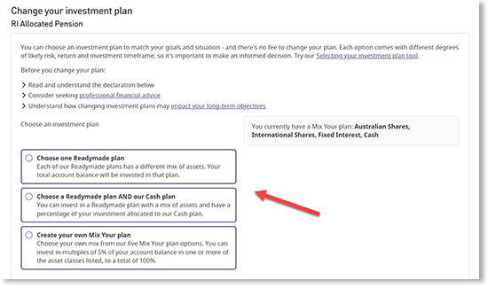 This screenshot shows the ‘Choose your investment plan’ section for Retirement Income accounts.