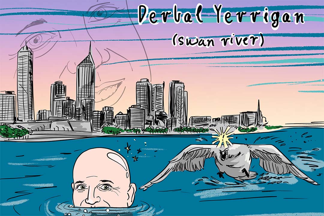 A drawing of a GESB staff member in the Swan River with a bird and city buildings behind him