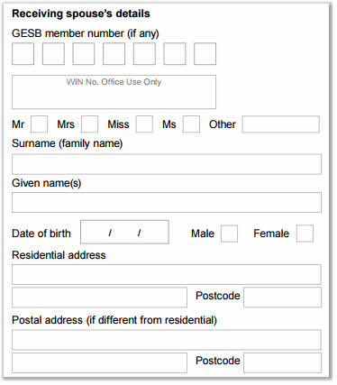 This image shows part of the ‘Section 1 - Your details’ section of the Spouse contributions form. In this section, you need to provide the receiving spouse’s GESB member number (if any) and personal details, including title, surname, given name or names, date of birth, gender, residential address and post address (if different from residential).