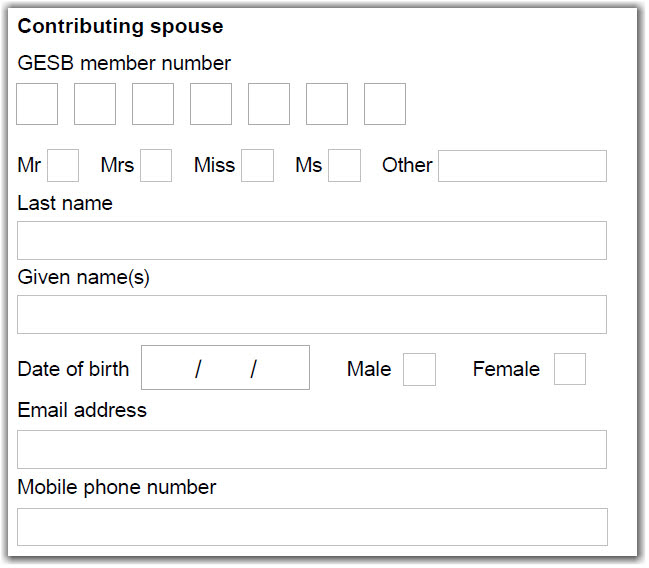 This image shows part of the ‘Section 1 - Your details’ section of the Additional spouse contributions form. In this section, you need to provide the contributing spouse’s GESB member number and personal details, including title, last name, given name or names, date of birth, gender, email address and mobile phone number.