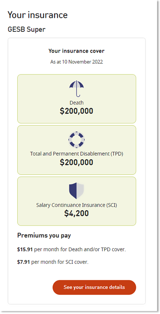 This screenshot shows the ‘Your insurance cover’ section of the ‘Dashboard’ page in Member Online. This shows the three insurance covers available: Death, Total & Permanent Disablement and Salary Continue Insurance, and the amount of cover this sample member has for each type. 