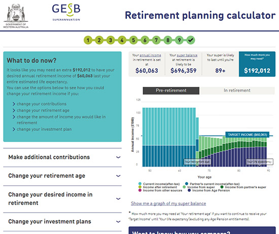 Shows an image of step 10 within the Retirement planning calculator including a projection of your income in retirement