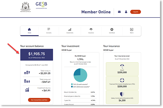 This screenshot highlights the account balance section in the top left of ‘Dashboard’ page in Member Online.