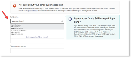 This screenshot shows the box where you can type the name of your other fund in to start the process.