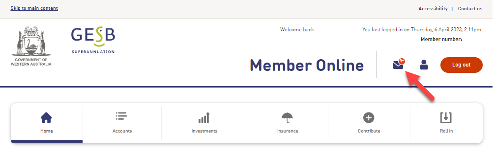 This screenshot highlights the Member Online inbox envelope icon.
