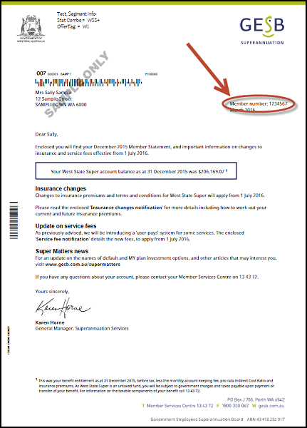 Screenshot of a member statement showing the location of the member number under the GESB logo and address details, before the body of the letter.