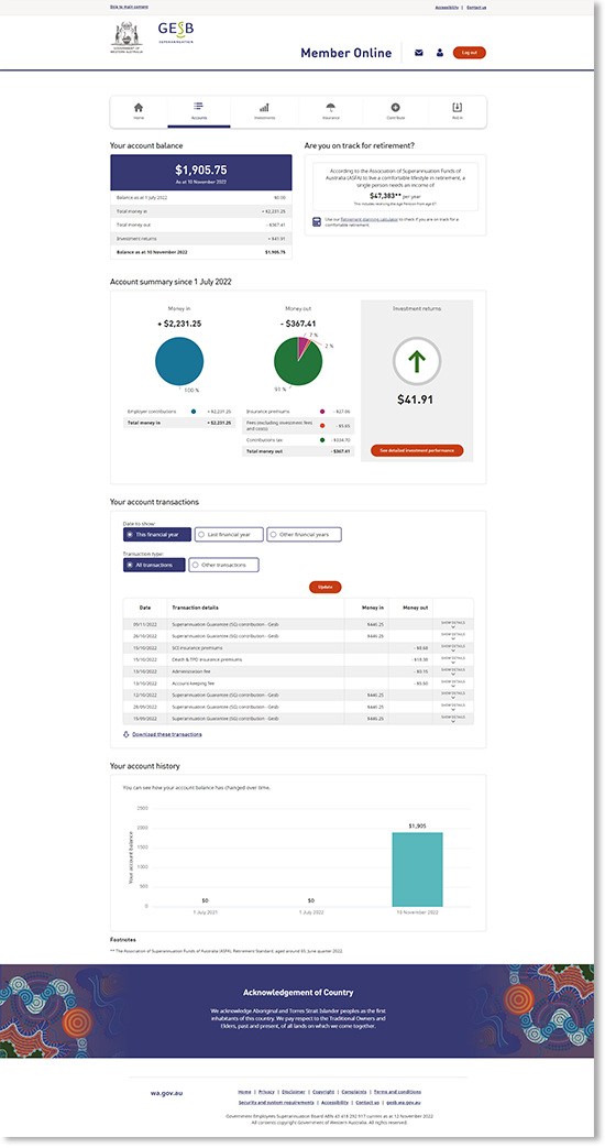 This screenshot shows the ‘Account’ page in Member Online for a sample member, ‘Sally Sample’. Sally’s account balance is shown and her account balance history is shown in a bar graph for each statement period.