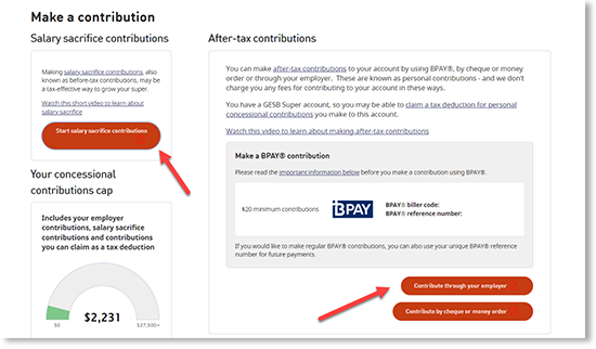 This image shows the ‘Pay through your employer’ option under the ‘Make a contribution’ page in Member Online. This page highlights the links to complete our online payroll deduction form or download and complete our PDF form and give it to your employer.