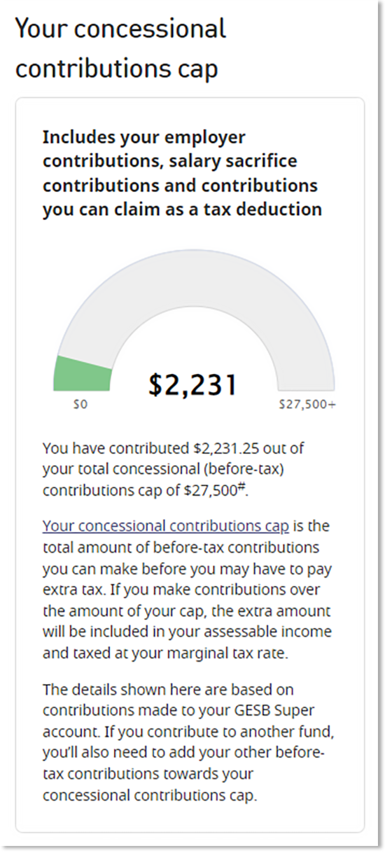 This screenshot shows how much this example member has contributed towards their concessional contributions cap