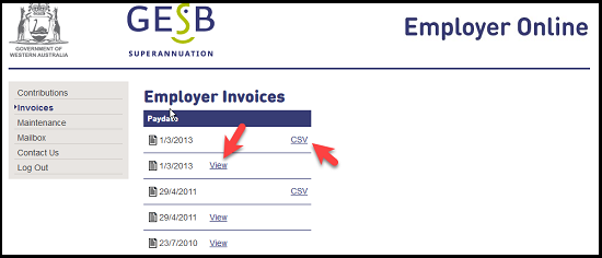 Employer invoices page Employer invoices page