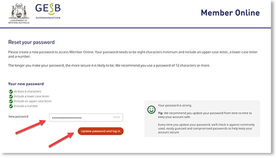 This image shows the ‘Change your password’ page within Member Online. On this page, you need to enter your current password, new password and confirm your new password in the fields provided. A pop-up box lists the requirements for your new password.