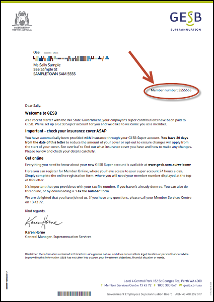 Screenshot of a welcome letter showing the location of the member number under the GESB logo and address details, before the body of the letter.