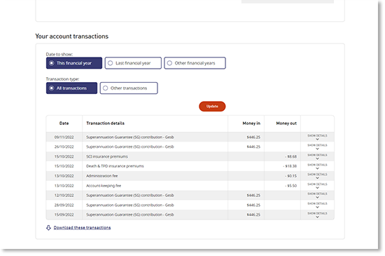 This screenshot shows the ‘Transactions’ page with options to choose the type of transactions and highlights the ‘Show details’ link.