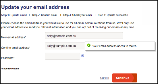 This image shows the 'Step 1: Update email' section of the Member...