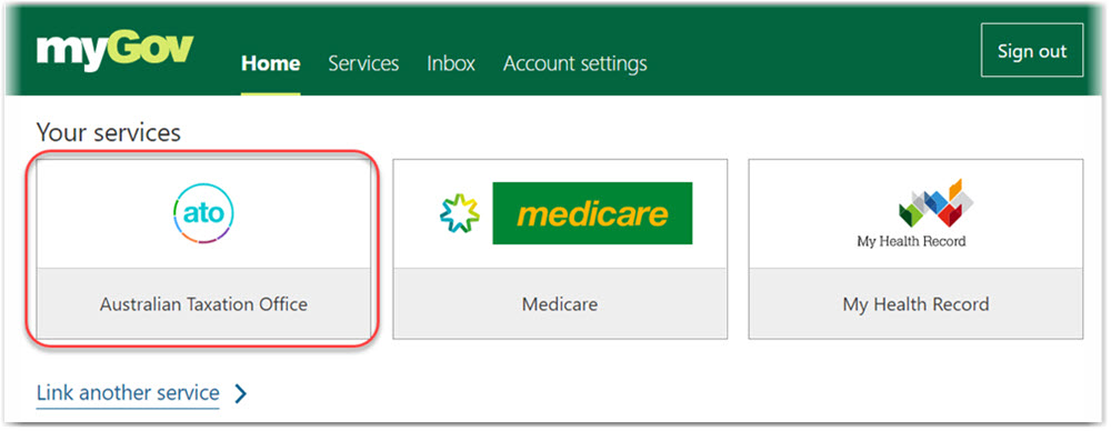Screenshot of myGov welcome screen showing linked services