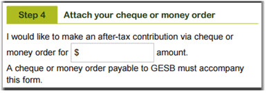 This image shows the ‘Step 4 – Attach your cheque or money order’ section of the Super contributions form. In this section, write the amount you would like to contribute by cheque or money order. 