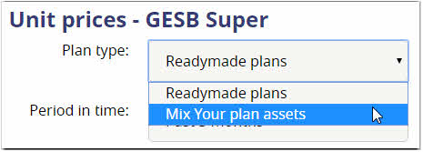 This image shows the ‘Plan type’ drop down menu on the unit prices page of the website. Here you can select ‘Readymade plans’ or ‘Mix Your plan assets’. 