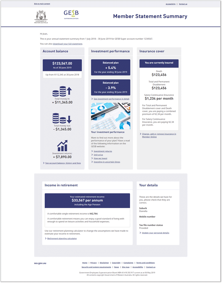 This image shows the statement summary dashboard for GESB Super and West State Super. It shows a section for account balance with money going in, money going out and investment returns. It shows the investment returns section which lists the return for your investment plan and provides links to relevant information on our website. The insurance section shows your insurance cover as at 30 June and the premiums you are paying for it. The income in retirement section shows a projection for how much money you could have in retirement and how this compares to the idea of a comfortable lifestyle. The personal details section shows your suburb, part of your mobile number and whether you have supplied your tax file number. 