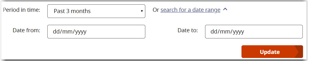 This image shows the ‘search for a date range’ link on the unit prices page of the website. This link opens a section for you to either enter or select a date in the ‘Date from’ and ‘Date to’ fields.