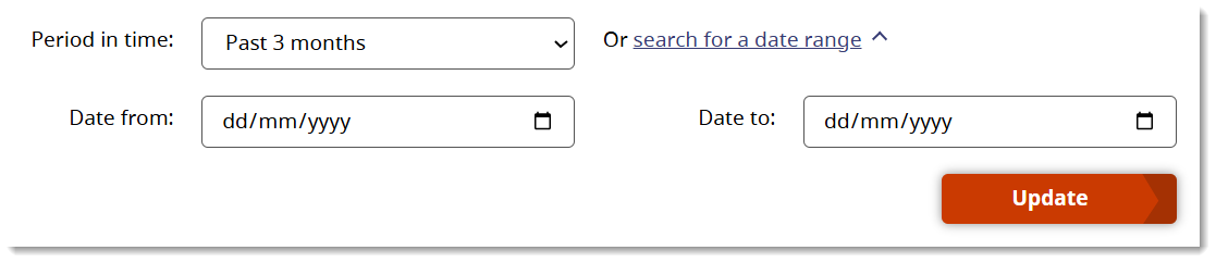A link to ‘search for a date range’ is available on the unit prices webpage. This link opens a section for you to either enter or select a date in the ‘Date from’ and ‘Date to’ fields.
