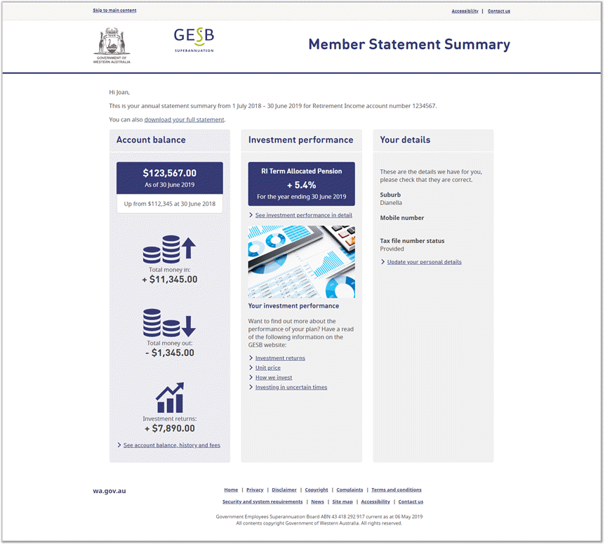This image shows the statement summary dashboard for Retirement Income Pension. It shows a section for account balance with money going in, money going out and investment returns. It shows the investment returns section which lists the return for your investment plan and provides links to relevant information on our website. The personal details section shows your suburb, part of your mobile number and whether you have supplied your tax file number.