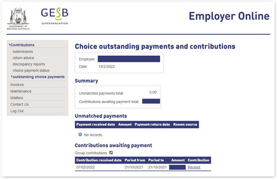 This image shows the new outstanding choice payments and contributions page in Employer Online, once the ‘request outstanding payments’ button has been clicked. At the top of the page is a summary of the total contribution payments awaiting a matching file as well as the total contributions awaiting payment. Below are two tables. The first table details the payment received date, amount, payment return date and known source for the contributions that weren’t matched to a file. The second table details the contribution received date, time period, amount and a link to the receipt for each contribution awaiting payment.