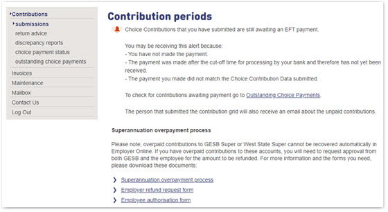 This image shows the new alert message which will be displayed at the top of the contributions submission page. The message advises you that choice contributions you have submitted are awaiting payment and lists reasons why you may be receiving the alert.