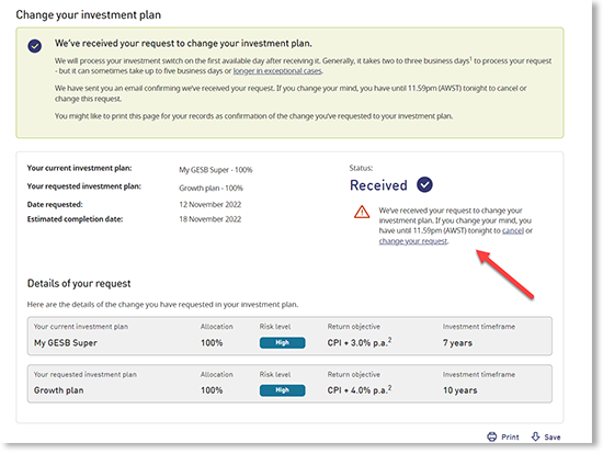 This screenshot highlights the link to ‘Cancel’ the request for investment plan changes.