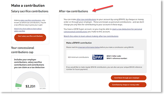 This screenshot highlights the ‘After-tax contributions’ section of the ‘Contribute’ page.
