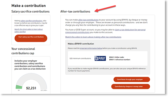 This screenshot highlights the &lsquo;After-tax contributions&rsquo; section of the &lsquo;Contribute&rsquo; page.