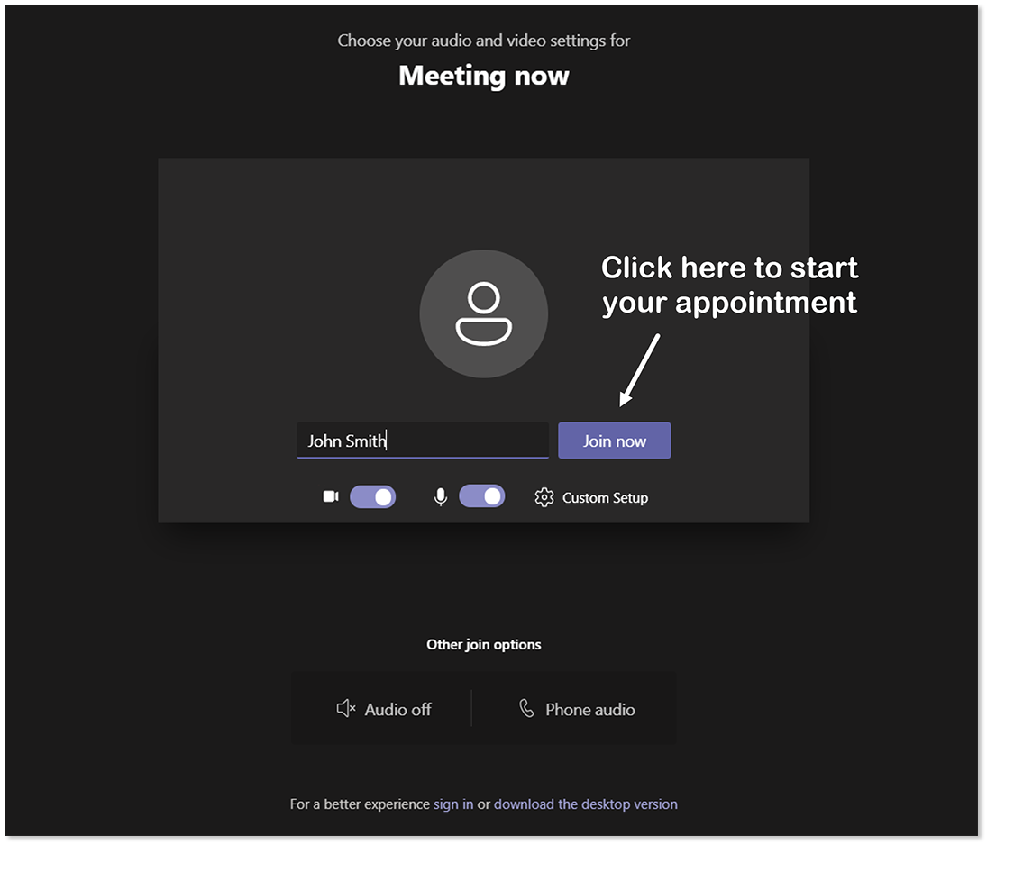 This image shows an example of the screen displaying the set-up options for your Microsoft Teams meeting. To join the meeting, press Shift+Tab until you hear ‘Join the meeting’, and press the spacebar.